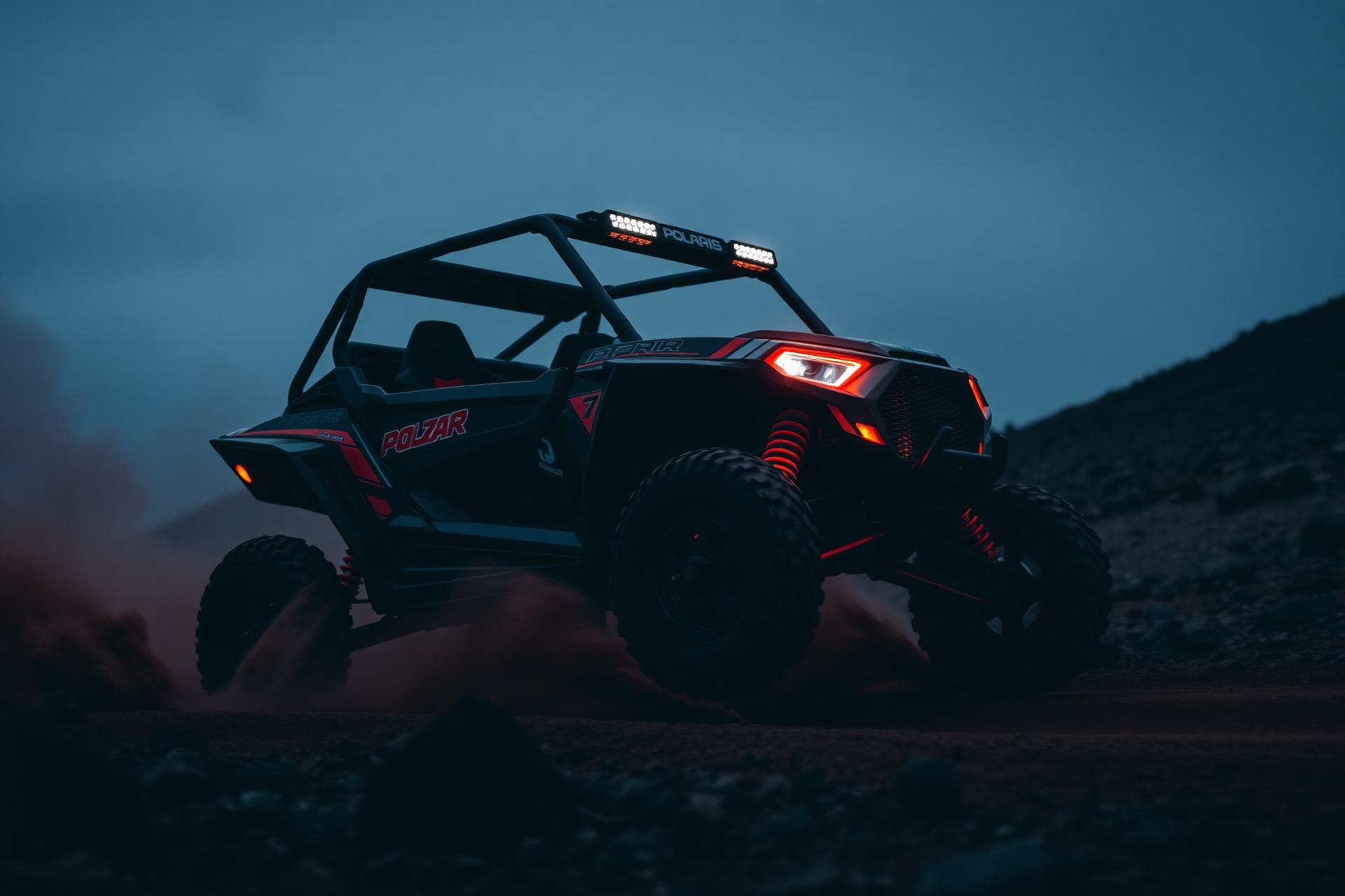 UTV mid-air with glowing whip lights